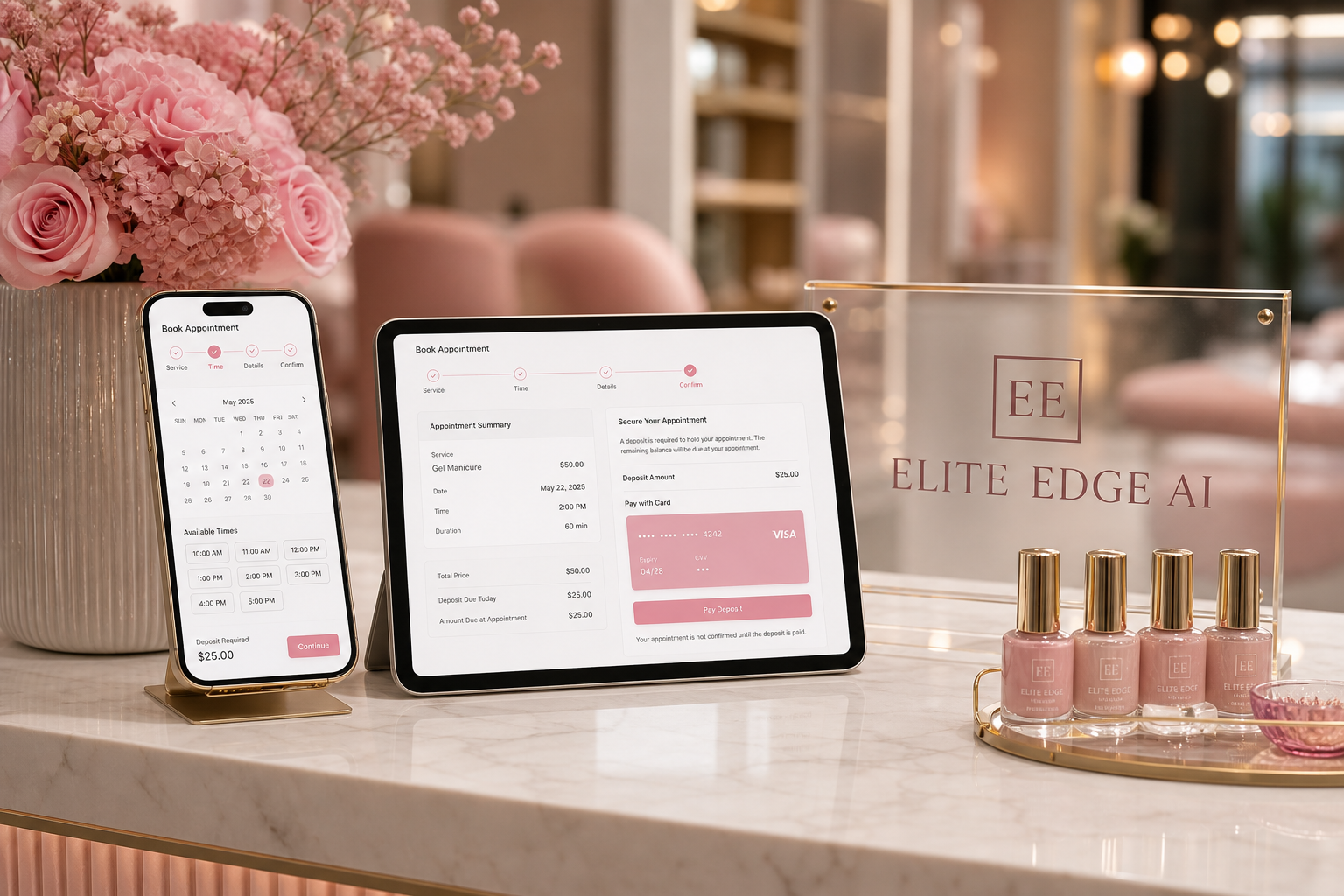 Elite Edge AI deposit booking counter with phone and branded salon sign