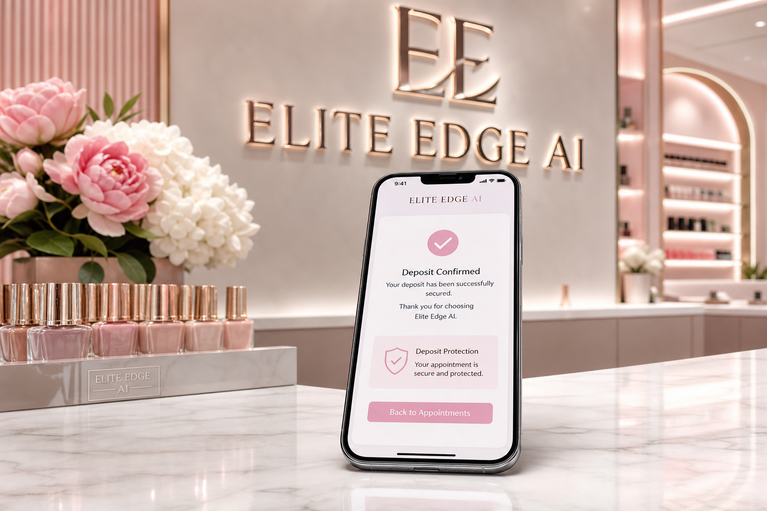 Elite Edge AI deposit confirmation and appointment protection screen