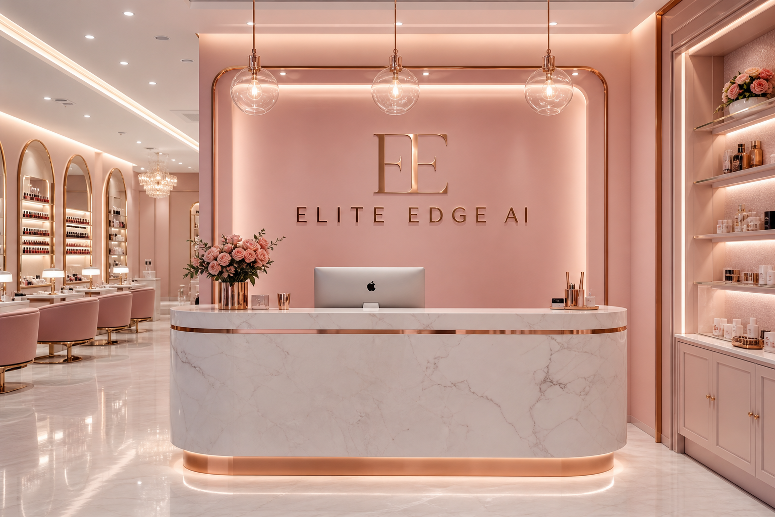 Elite Edge AI branded luxury nail salon reception interior
