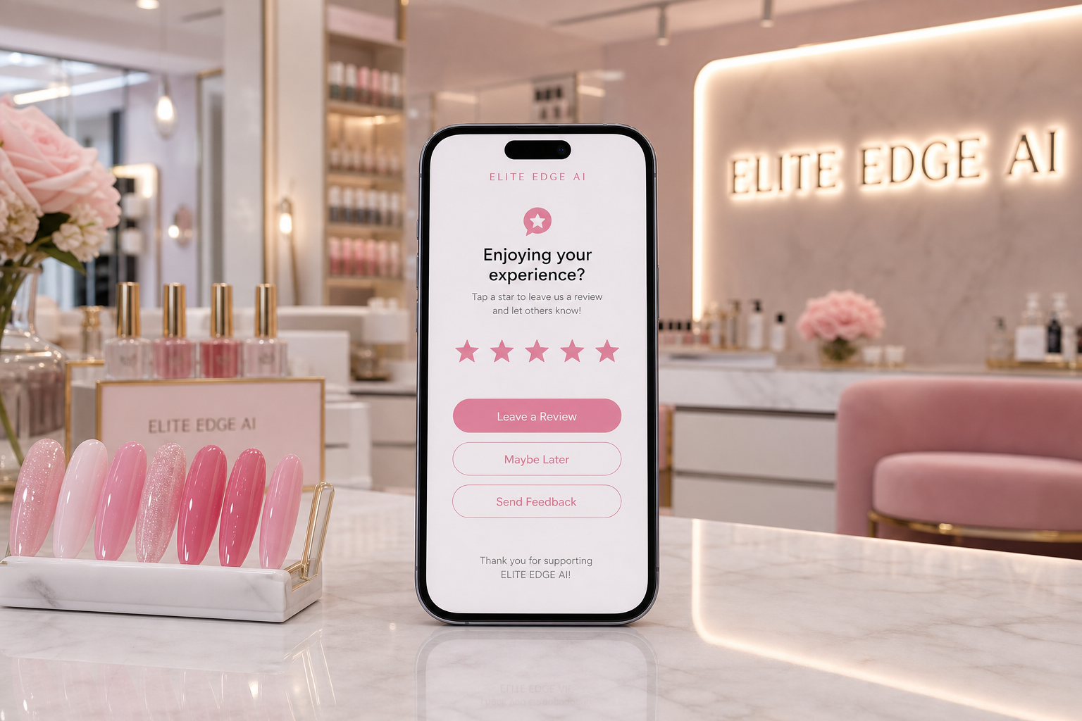 Elite Edge AI review request screen in a luxury nail salon setting